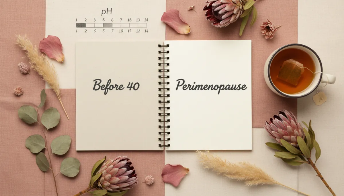 Flat lay contrasting intimate health before 40 and during perimenopause