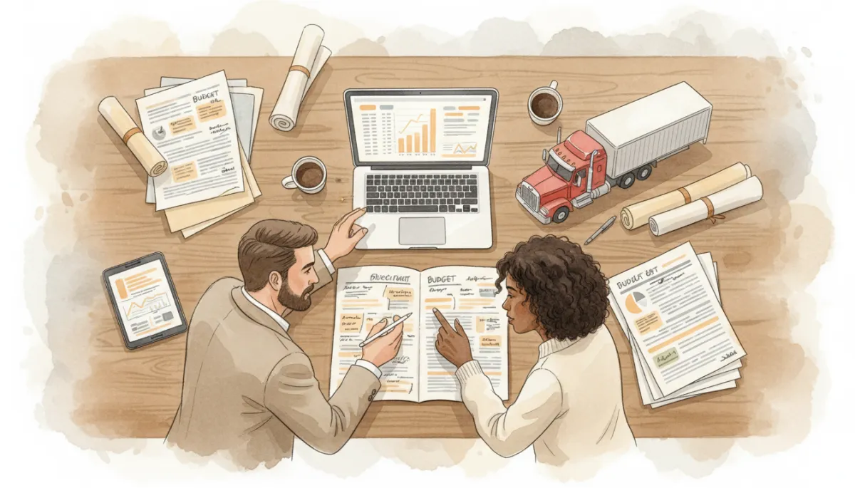 Financial consultant and trucking fleet owner reviewing a detailed trucking budget and cash flow forecast Financial consultant and trucking fleet owner reviewing a detailed trucking budget and cash flow forecast