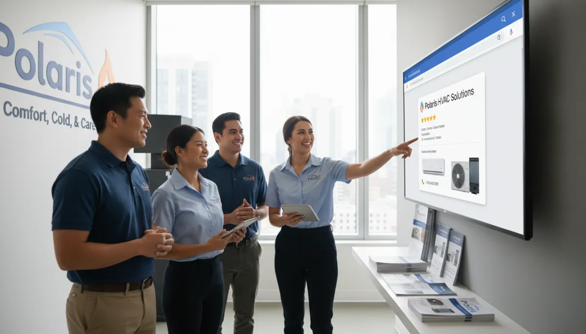 A photorealistic, high-quality image of an HVAC company team in a modern office, gathered around a computer screen displaying a Google search results page featuring their business listing. The team appears engaged and optimistic, with one person pointing at the screen. Visible behind them are company branding elements, HVAC equipment brochures, and natural lighting from large windows. The setting conveys professionalism, digital strategy, and organic online presence, without any reference to paid ads or news media.