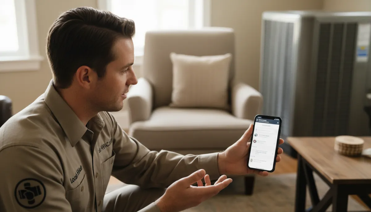 HVAC technician speaking with a homeowner who is viewing HVAC advice and search results on a smartphone HVAC technician speaking with a homeowner who is viewing HVAC advice and search results on a smartphone