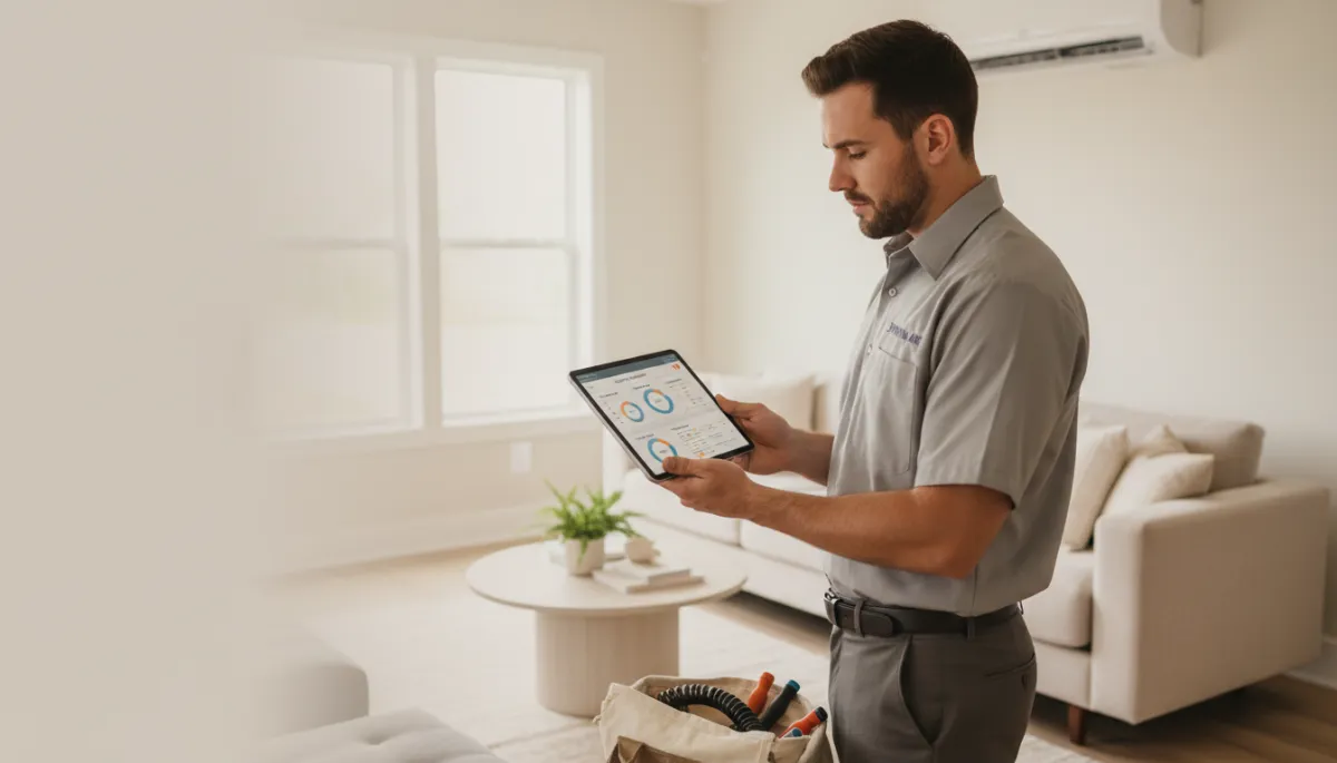 HVAC technician in Spartanburg reviewing smart system diagnostics on a tablet HVAC technician in Spartanburg reviewing smart system diagnostics on a tablet