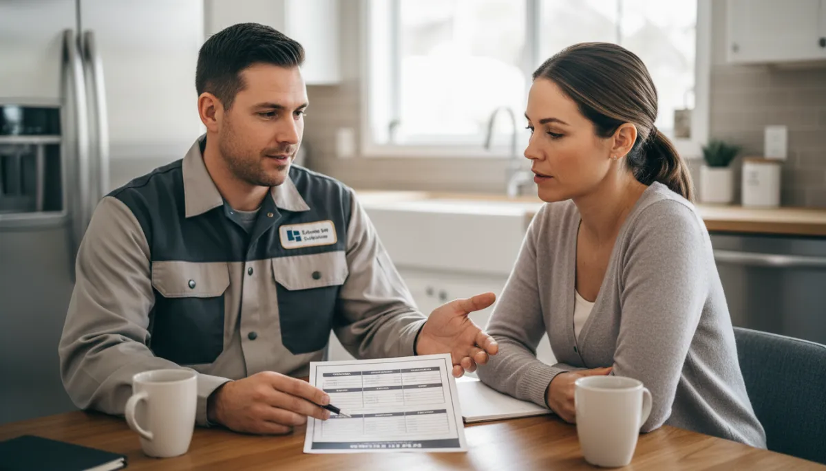 HVAC technician reviewing tiered pricing options with a homeowner HVAC technician reviewing tiered pricing options with a homeowner