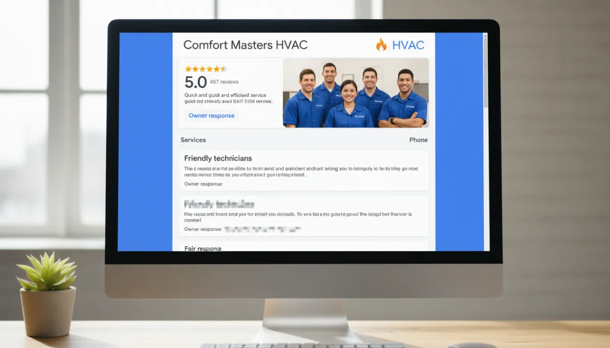 Google Business Profile for an HVAC company showing reviews and owner responses