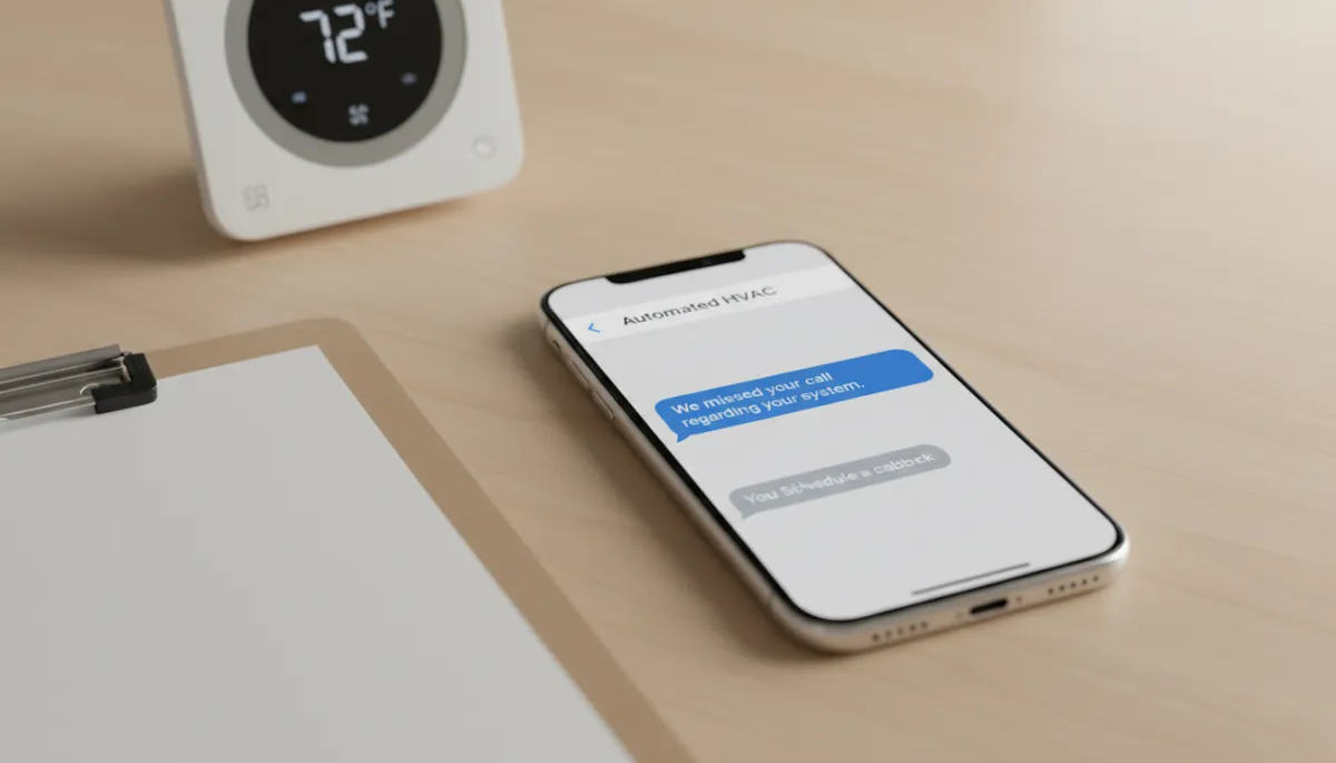 Smartphone showing automated missed call text conversation for an HVAC contractor Smartphone showing automated missed call text conversation for an HVAC contractor