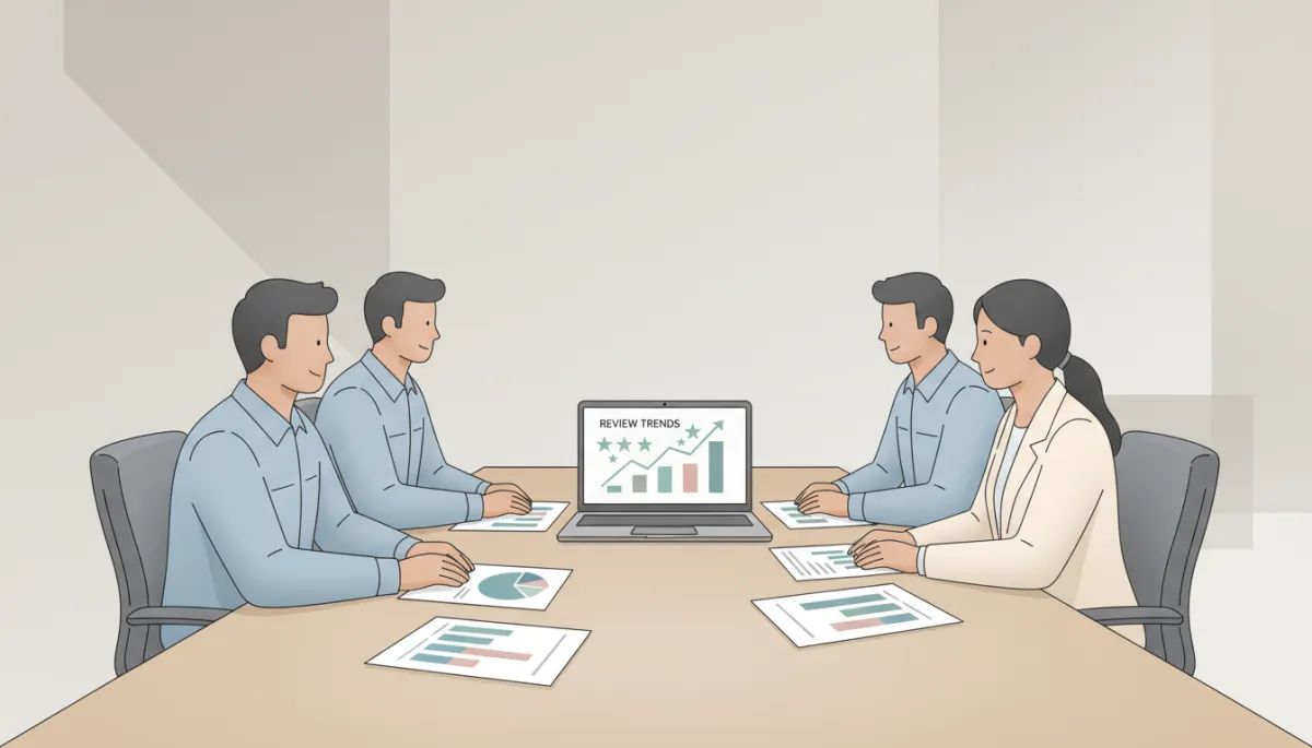 HVAC team and marketing agency reviewing Google review trends together HVAC team and marketing agency reviewing Google review trends together
