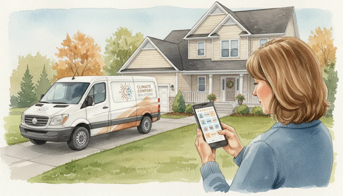Homeowner checking HVAC reviews on a smartphone while technician works outside