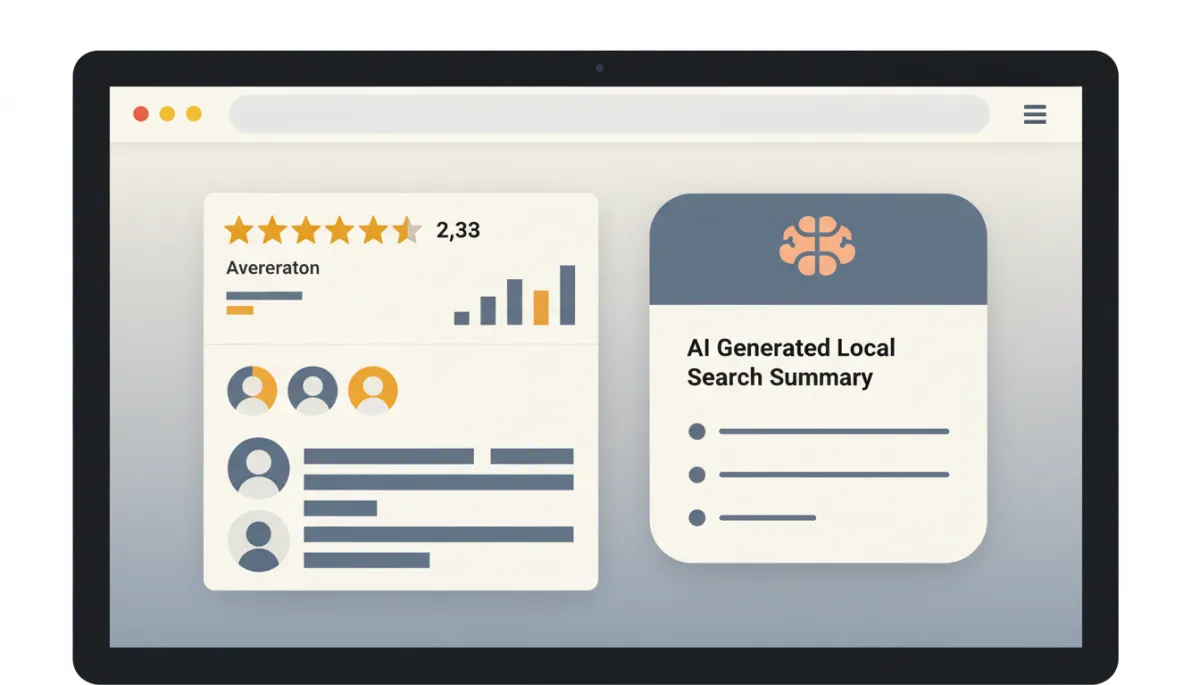 Screen displaying local business reviews and AI-generated search summary panel Screen displaying local business reviews and AI-generated search summary panel