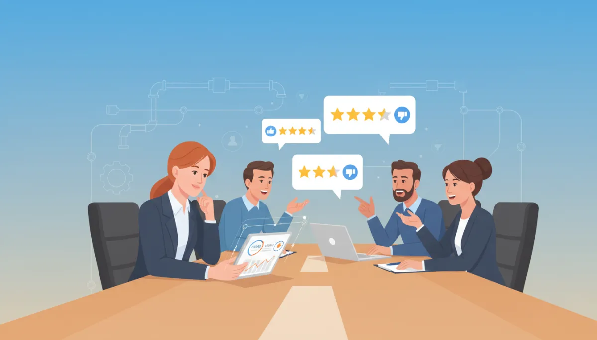 Owner of a local plumbing and electrical company reviewing Google Business Profile insights on a tablet while a small team discusses customer reviews around a conference table Owner of a local plumbing and electrical company reviewing Google Business Profile insights on a tablet while a small team discusses customer reviews around a conference table
