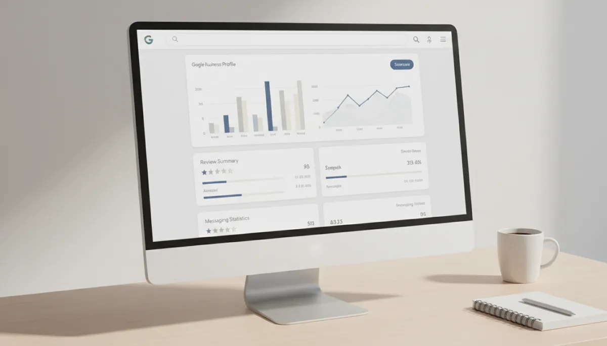 Dashboard view of Google Business Profile analytics and review summaries Dashboard view of Google Business Profile analytics and review summaries