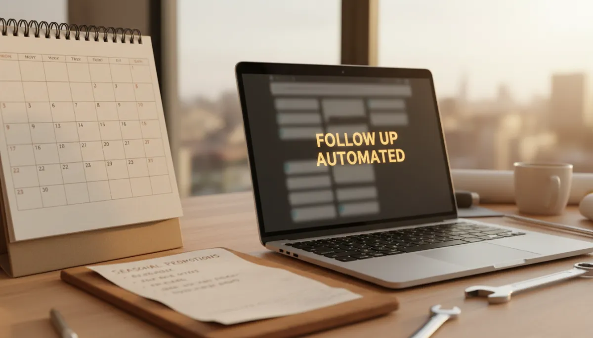 Local business owner planning seasonal marketing and follow-up on a warm-toned desk