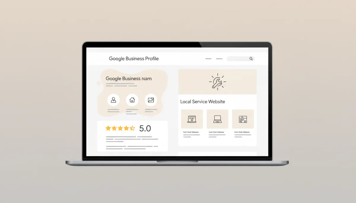 Dashboard-style view of Google Business Profile, reviews, and website content for a local business Dashboard-style view of Google Business Profile, reviews, and website content for a local business