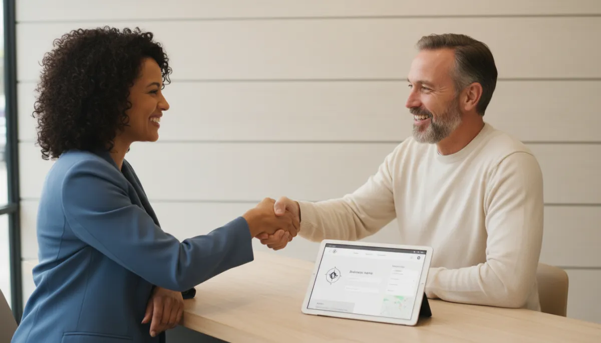 Customer and local business owner shaking hands with website and listing details visible Customer and local business owner shaking hands with website and listing details visible