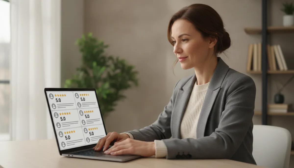Local business owner reviewing strong online ratings and customer reviews on a laptop Local business owner reviewing strong online ratings and customer reviews on a laptop