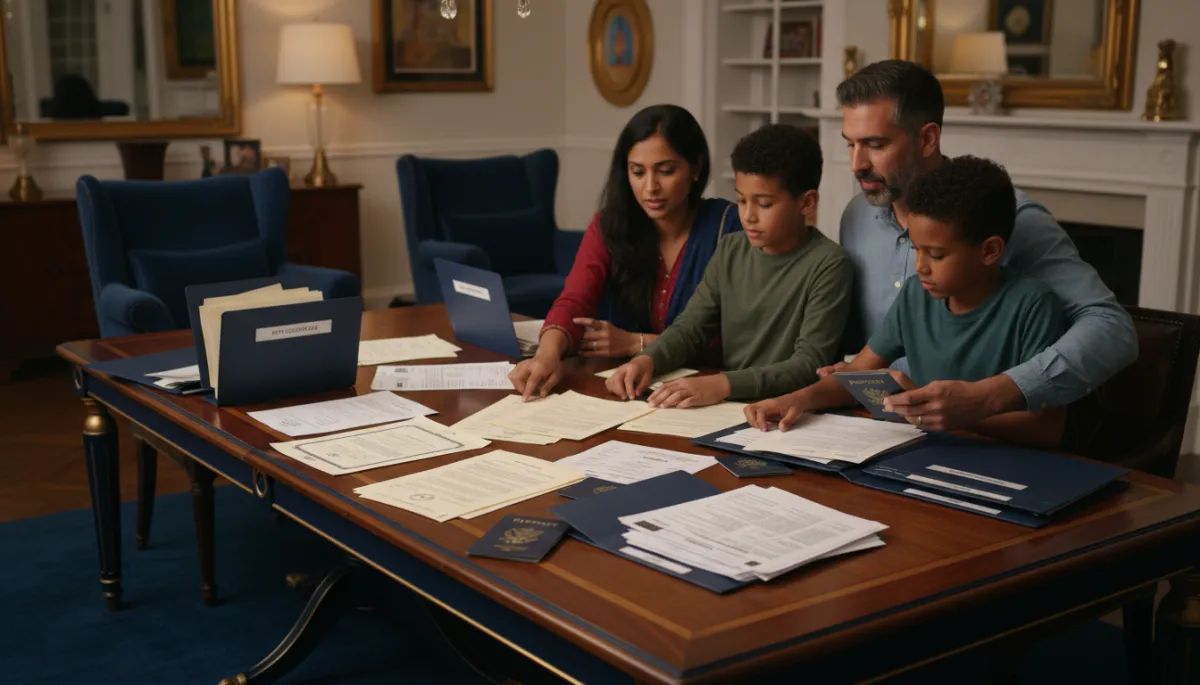 Family organizing green card application documents into labeled folders