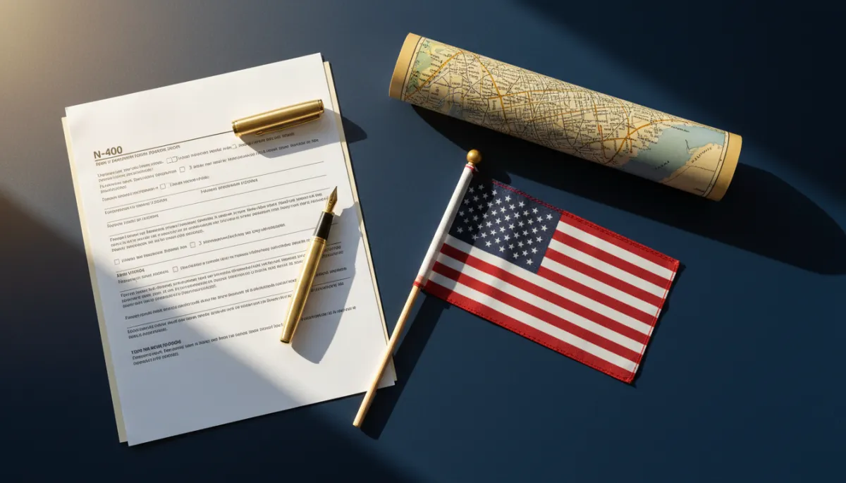Organized N-400 application packet on navy blue desk with gold pen and Brooklyn map