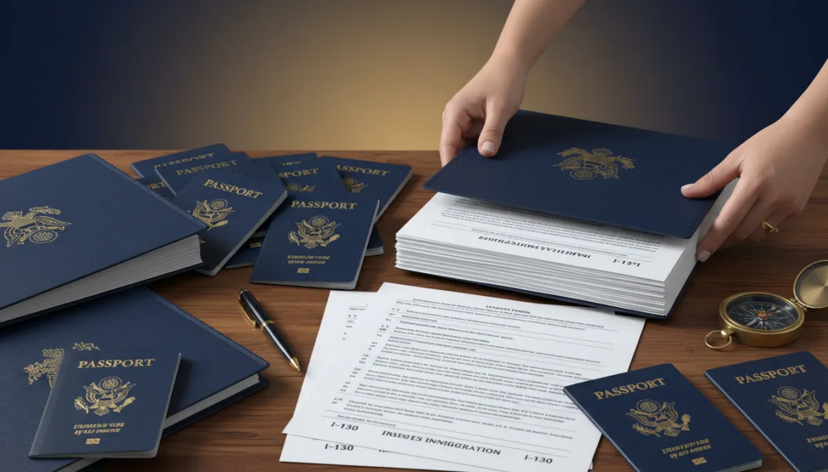Organized I-130 immigration paperwork in navy blue and gold folders on a desk Organized I-130 immigration paperwork in navy blue and gold folders on a desk