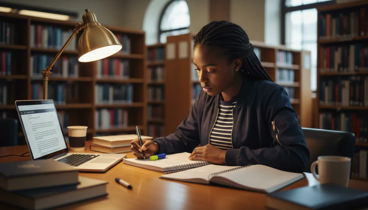 West African student studying in a Brooklyn library while researching U.S. visas