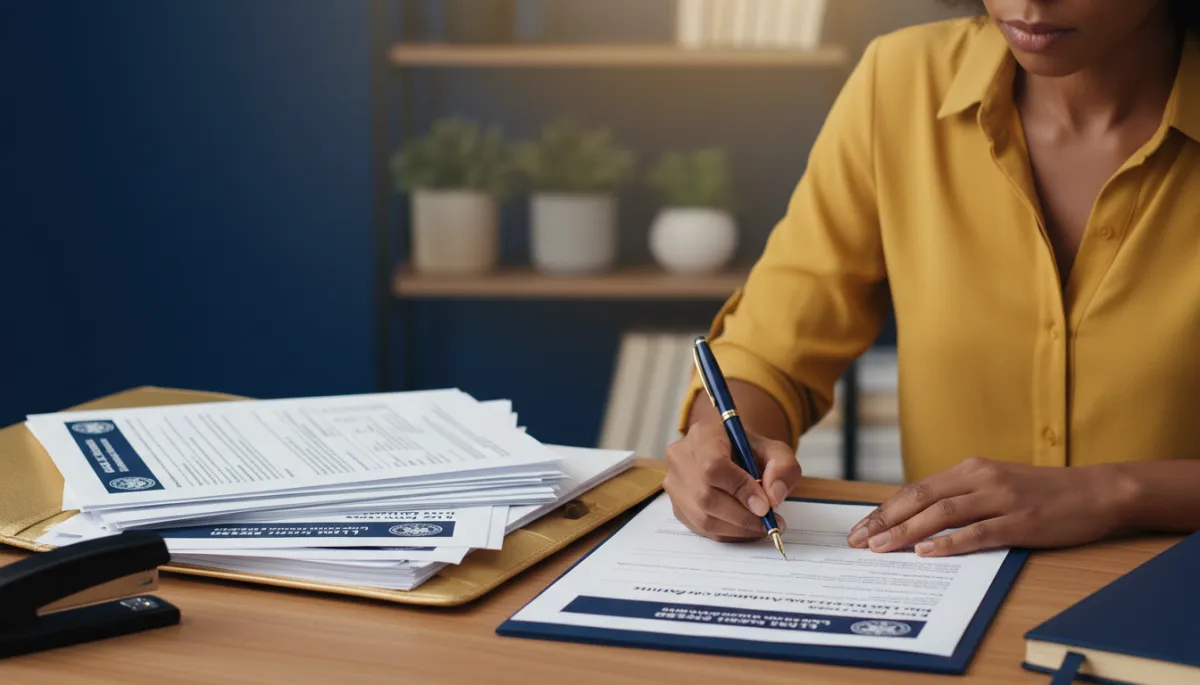 Person filling out Form I-765 work permit renewal at a desk Person filling out Form I-765 work permit renewal at a desk