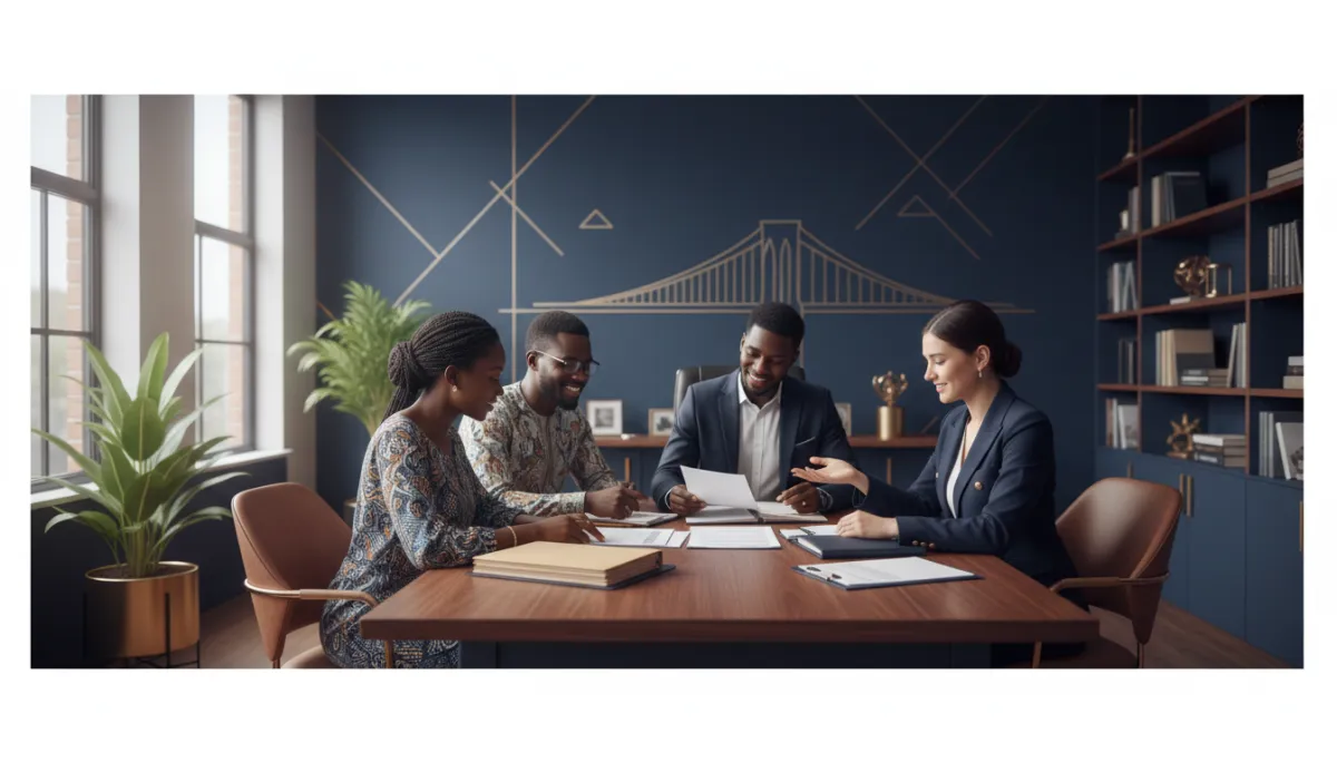 photorealistic scene inside a modern Brooklyn immigration assistance office with navy blue and gold accents, diverse immigrants from West African and Guinean backgrounds sitting at a desk reviewing neatly organized documents with a friendly professional, soft daylight, calm and hopeful mood