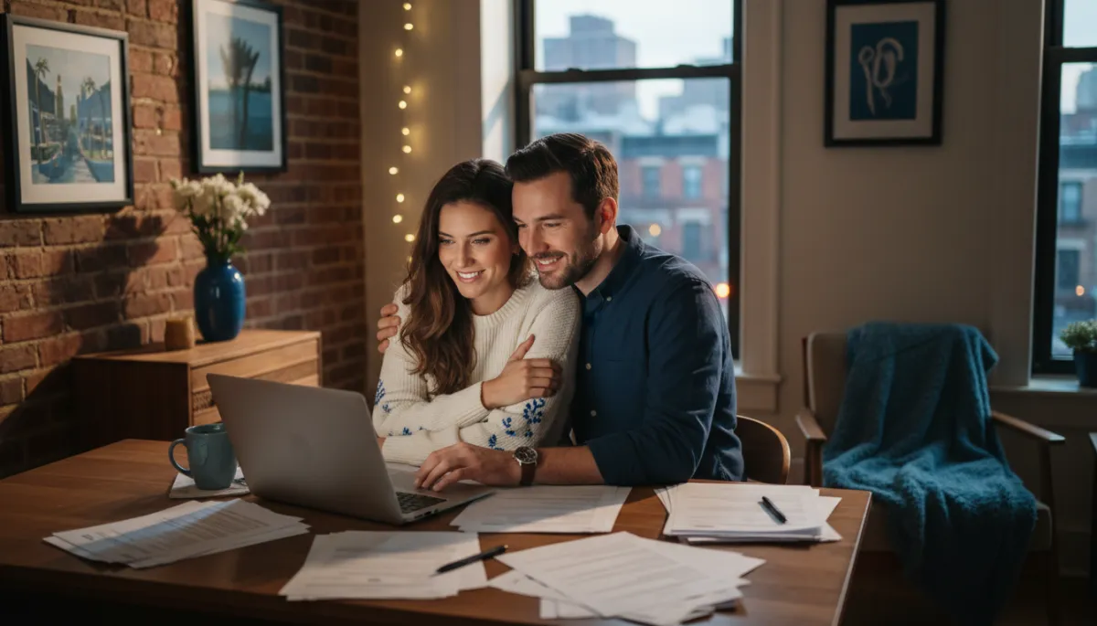 photorealistic, warm, and couple-focused scene of an engaged couple sitting at a kitchen table in a Brooklyn apartment, reviewing immigration paperwork on a laptop together, soft evening light, warm romantic tones with professional blue accents in their clothing and decor