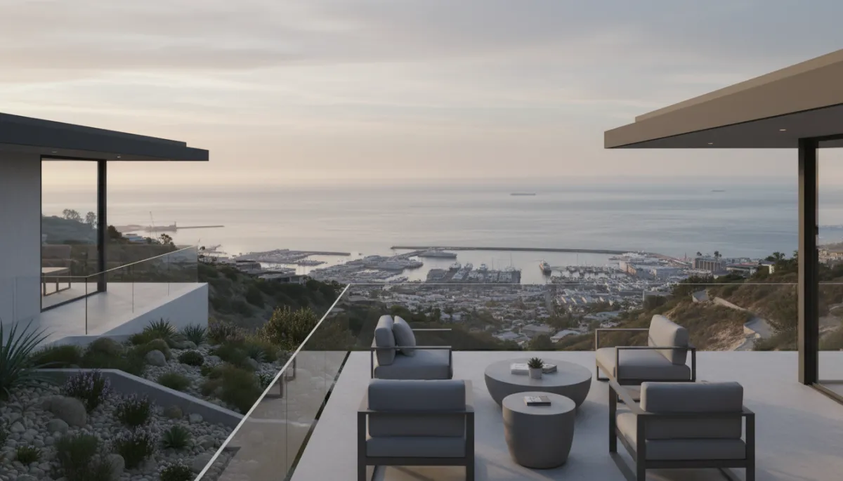 Backyard in Rancho Palos Verdes overlooking the Pacific Ocean and harbor from a hillside vantage point