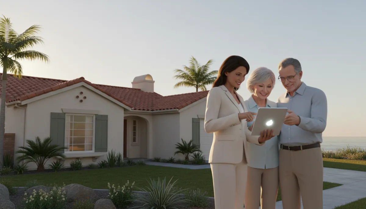 Real estate agent and veteran couple viewing a San Pedro home