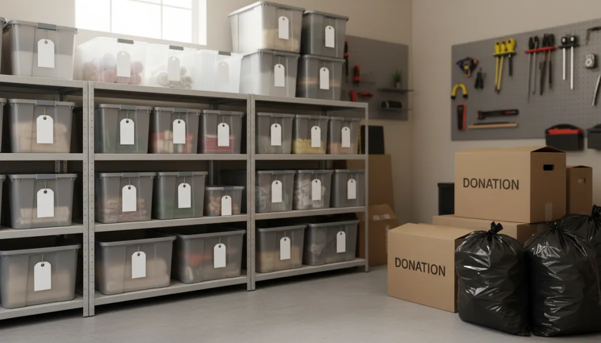 Neatly organized garage shelves with labeled storage bins and sorted donation boxes