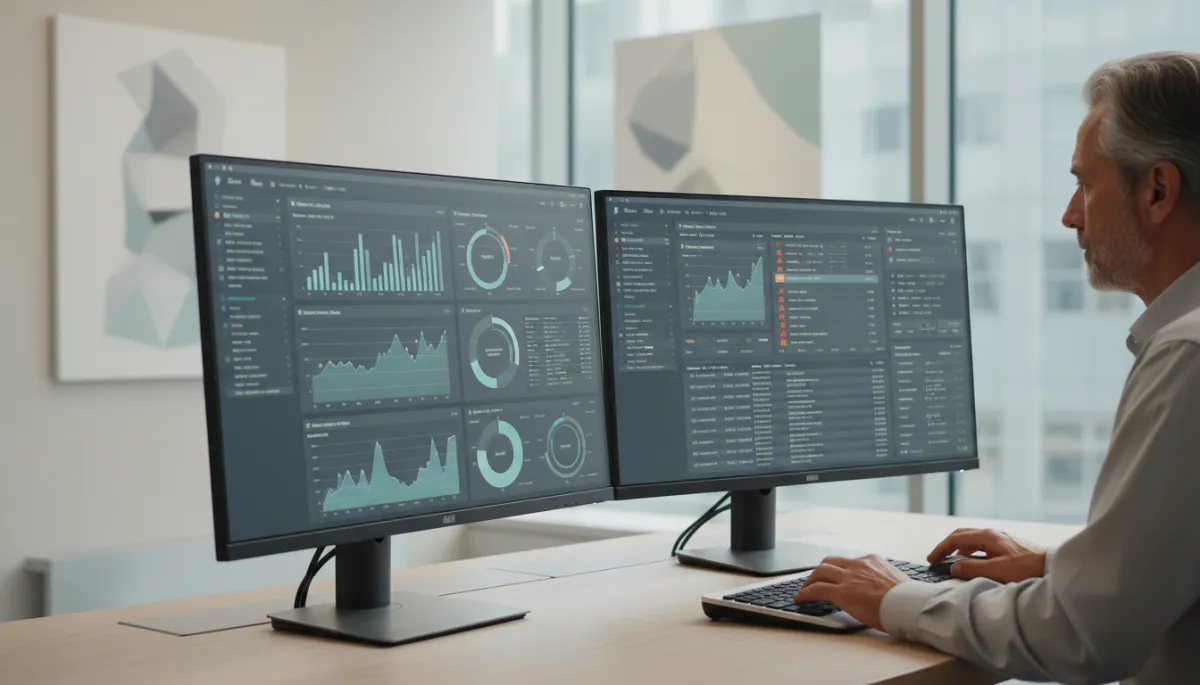 Engineer reviewing proactive IT monitoring dashboards on dual screens