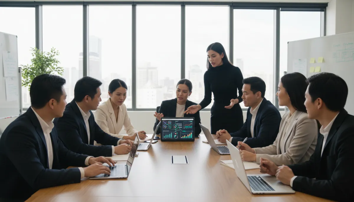 A photorealistic, high-resolution image of a diverse group of real professionals—both executives and frontline staff—gathered around a conference table in a modern, sunlit open office. The team, representing a range of ages, genders, and ethnicities, is engaged in an animated discussion, with authentic, focused expressions. Multiple laptops are open on the table, displaying workflow diagrams, data dashboards, and digital charts related to AI strategy. The scene conveys genuine collaboration and teamwork, with some team members gesturing thoughtfully, others taking notes, and a sense of urgency and purpose in their body language. The background features glass walls, whiteboards with strategic notes, and a contemporary workspace atmosphere, reinforcing a forward-thinking, professional environment suitable for mid-market business leaders planning AI initiatives.