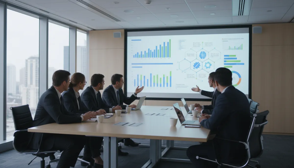 A photorealistic image of a mid-sized business conference room, where a diverse group of professionals in business attire are gathered around a sleek table, actively discussing and reviewing digital documents and data visualizations projected onto a large screen. The screen displays graphs, timelines, and AI-related icons, emphasizing strategy and forward planning. Subtle elements like laptops, tablets, and coffee cups enhance the modern, professional atmosphere. The setting is bright, with natural light streaming through large windows, conveying urgency, collaboration, and innovation in mid-market leadership adopting AI strategies.