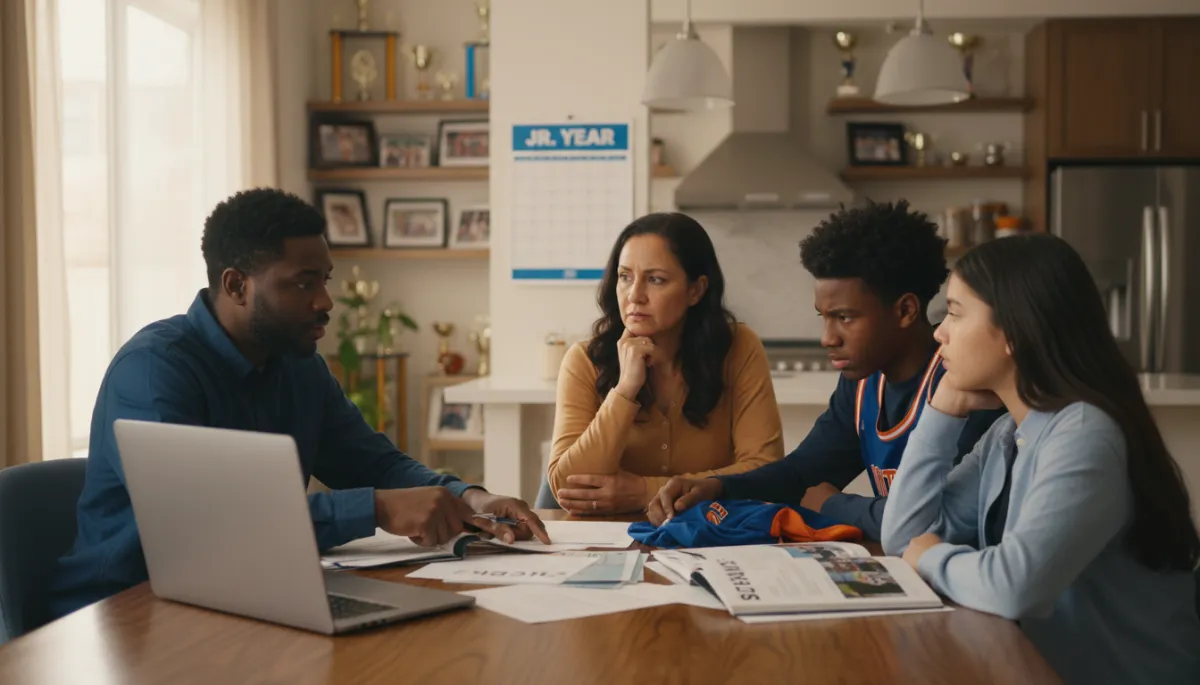 Parent and teen athlete planning college options together with notebook and laptop