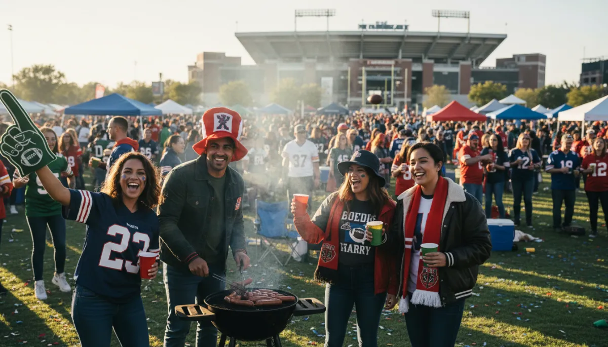 Not happy with the pictures you selected, need more human fans in the stands wearing team football game gear. Context: This is for a blog post about "Game Day Etiquette: How to Be Everyone’s Favorite Fan". Style: Professional quality, photorealistic, high resolution