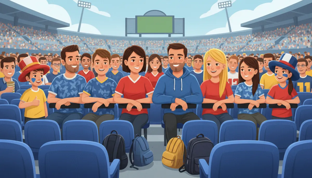 A high-resolution, photorealistic image of fans in a crowded stadium row being considerate—sharing armrests, keeping bags under seats, and smiling at each other. The scene should show a mix of adults, teens, and children, all wearing team apparel and demonstrating good etiquette.