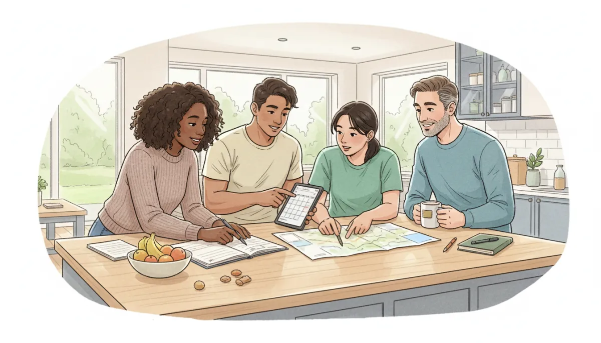 A candid image of a multiracial family (Black mother, Latino and Asian college-age athletes, and possibly a White parent) planning together at a kitchen island, showing genuine engagement and warmth in a bright, inviting home.