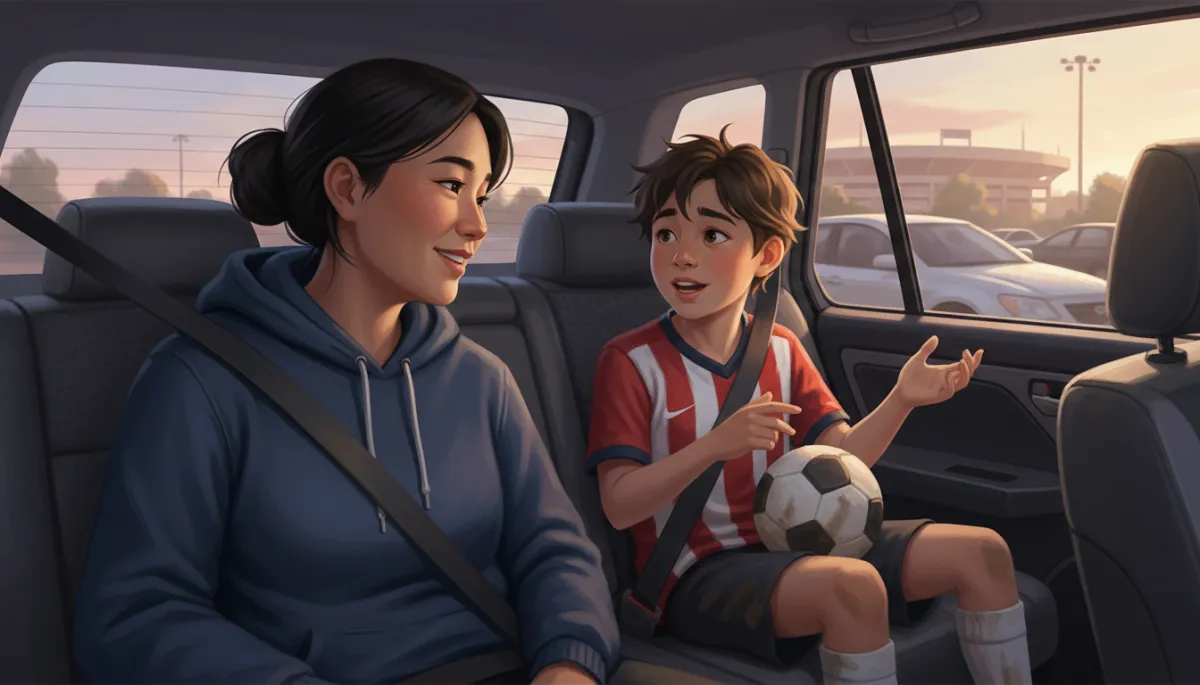 An authentic photo of an Asian or Hispanic parent and child in a car after a youth sports event, the parent listening attentively while the child talks or reflects, illustrating the importance of post-game connection and emotional support.