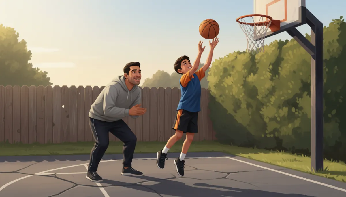 A photo of a Hispanic or Black child practicing basketball shots in a driveway or gym, with a parent of the same background nearby offering a supportive gesture or encouragement, capturing quiet, everyday support in youth sports.