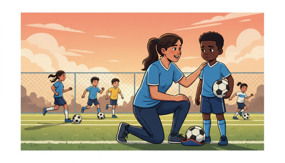 A photo of a female coach or parent figure kneeling to talk supportively to a young Black or Hispanic athlete on a soccer or baseball sideline, with other kids of diverse backgrounds practicing in the background, highlighting encouragement and teaching moments.