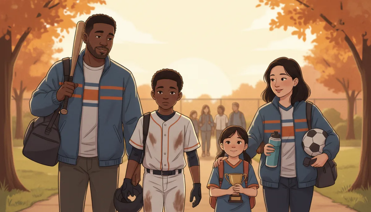 A candid image of a Black or Asian family walking together after a youth sports game, with parents and children holding sports gear, showing mixed emotions and gentle support, representing resilience and family presence.