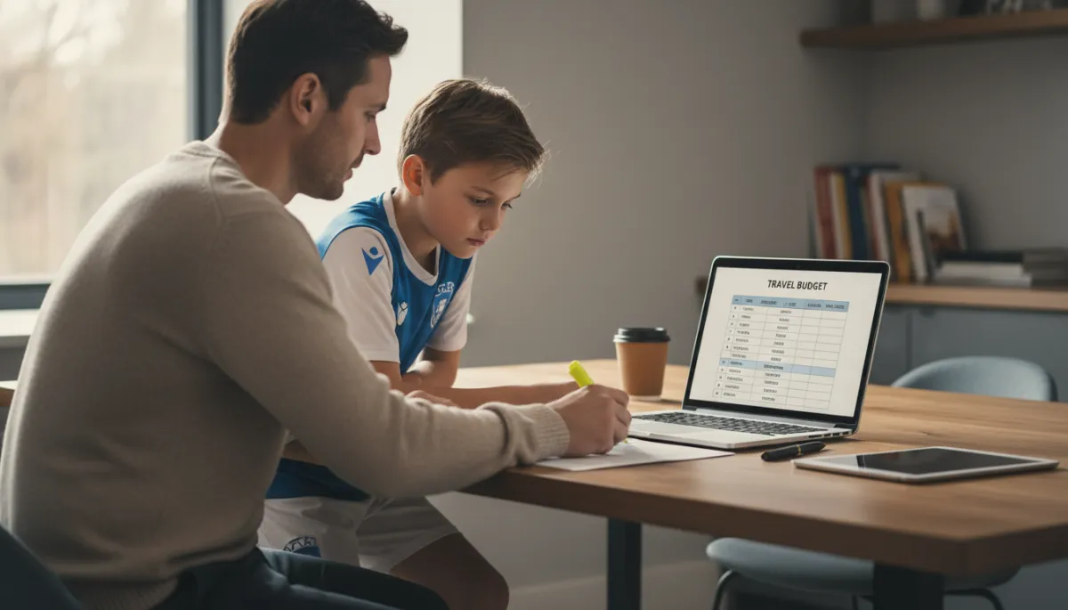 Parent and young athlete reviewing a travel budget and packing checklist together at a kitchen table