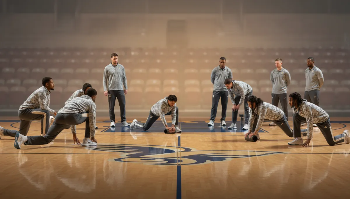 D1 athletes warming up on a visiting arena court with coaches and trainers
