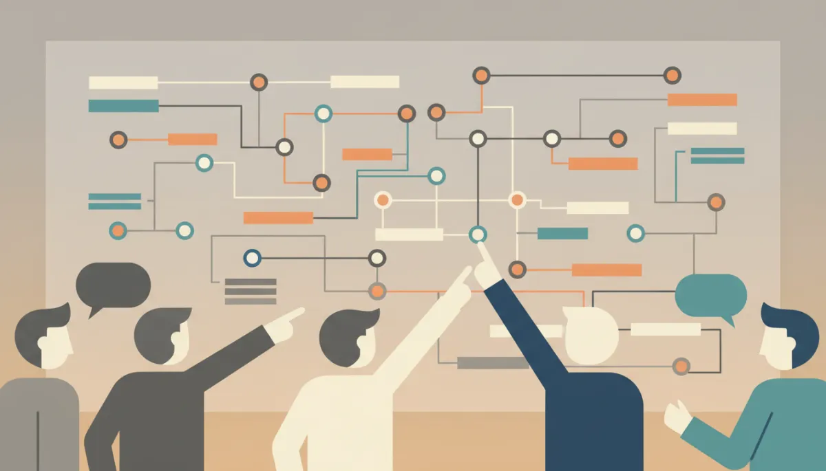 Cross-functional team reviewing CRM system diagrams Cross-functional team reviewing CRM system diagrams