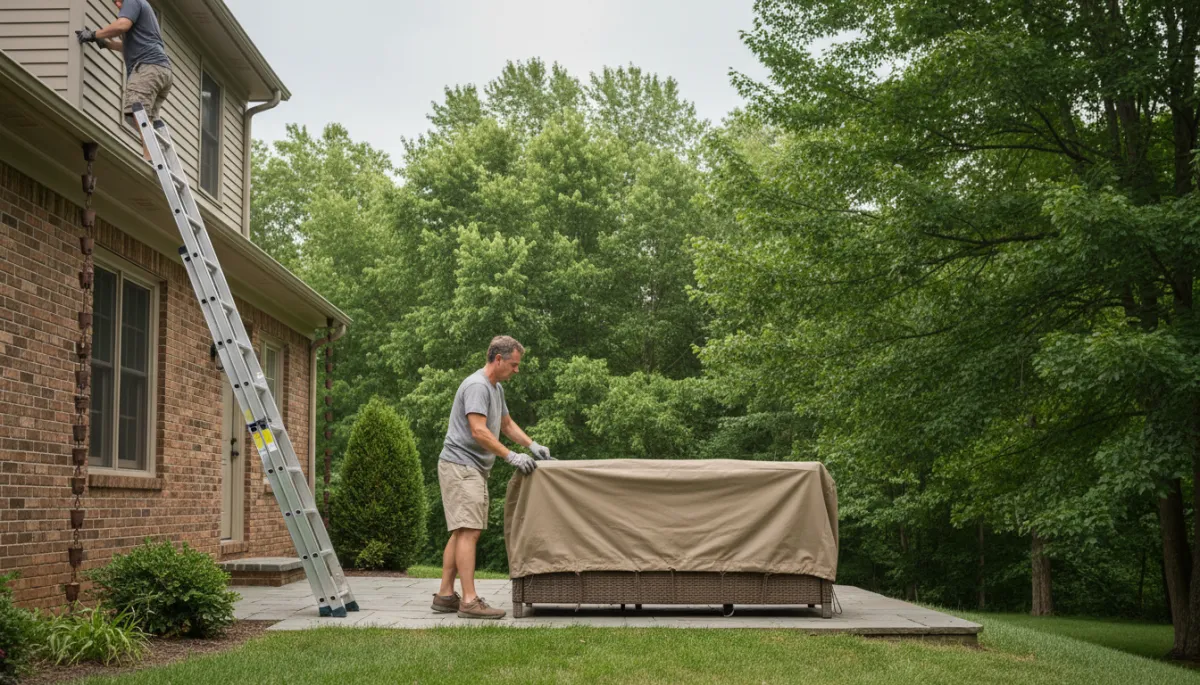 Homeowner securing patio furniture and checking gutters before a summer storm