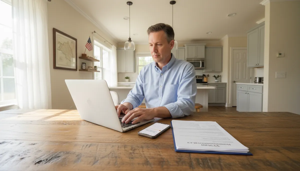 Homeowner reviewing homeowners insurance documents at a kitchen table