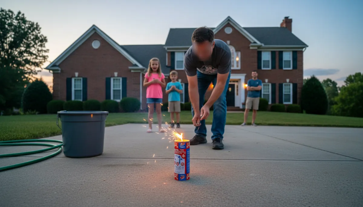 Adult safely lighting a permissible ground-based firework with safety gear nearby