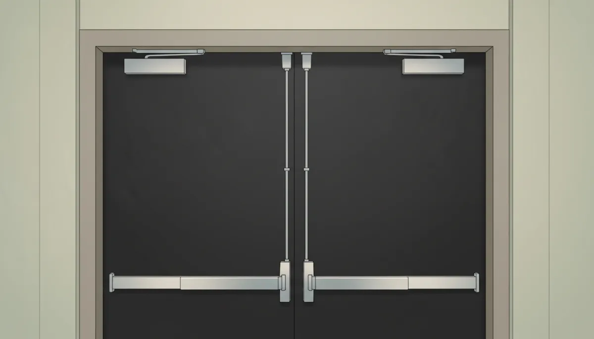 Close-up view of black powder-coated steel fire exit doors with panic bar hardware