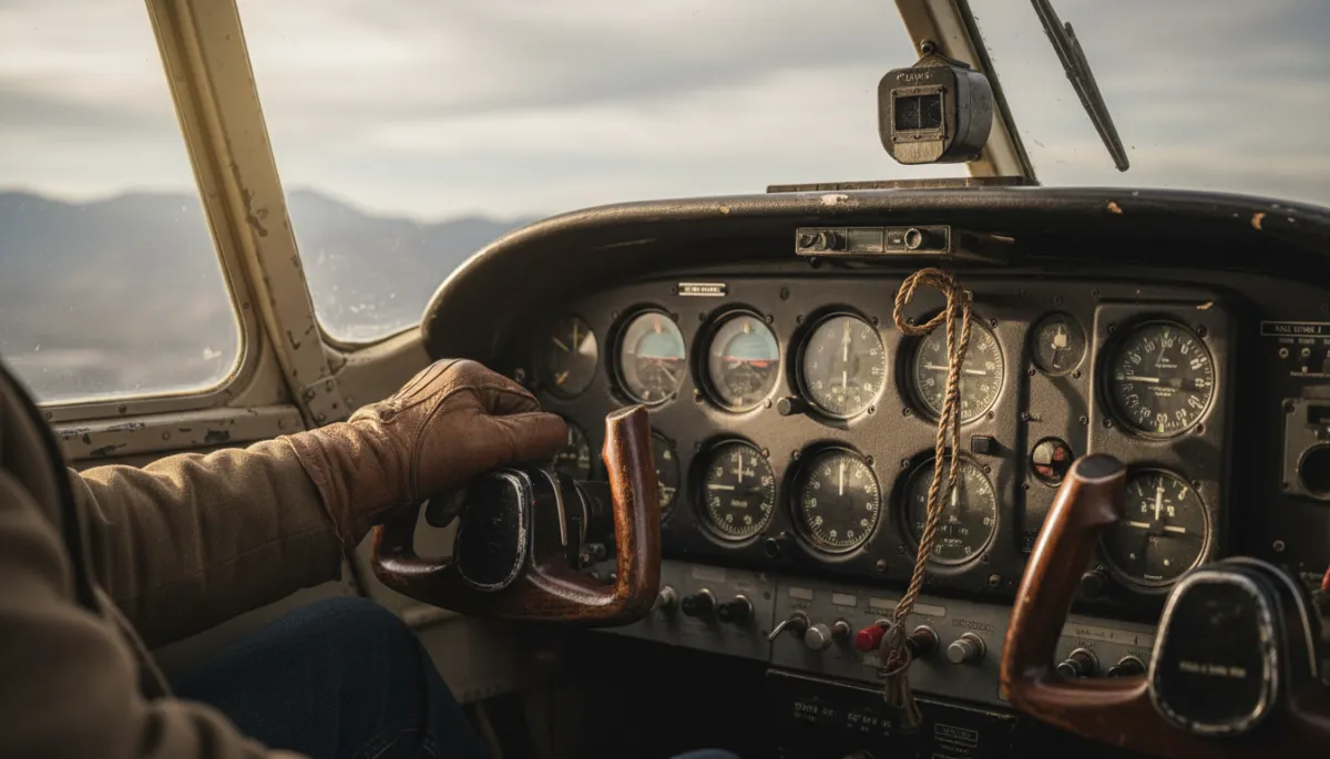 Vintage single-engine airplane cockpit suggesting determination and focus