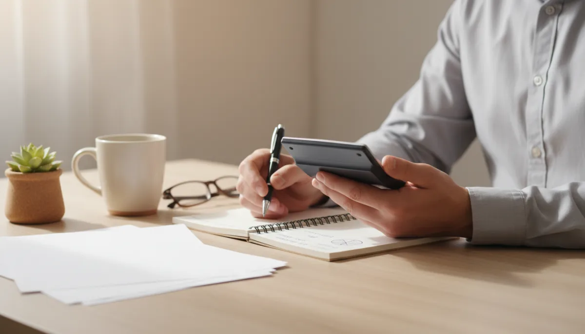 Person at desk calculating a debt payoff plan with a calculator and notebook