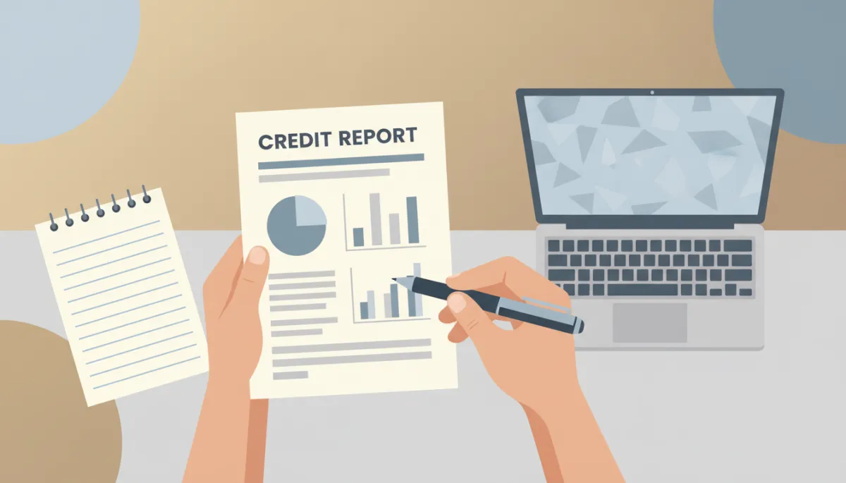 Close-up of hands highlighting details on a printed credit report