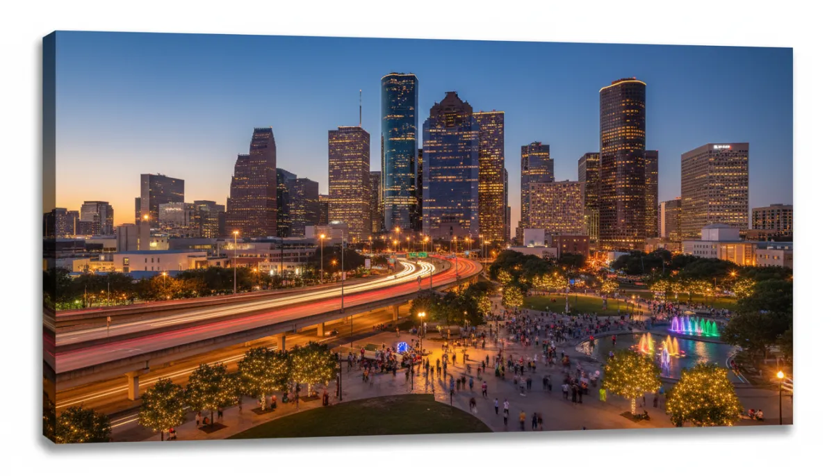 Photorealistic evening cityscape of downtown Houston with lights and activity