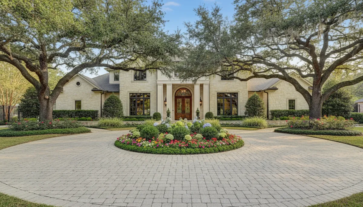 Photorealistic exterior of a grand luxury home in a Houston neighborhood